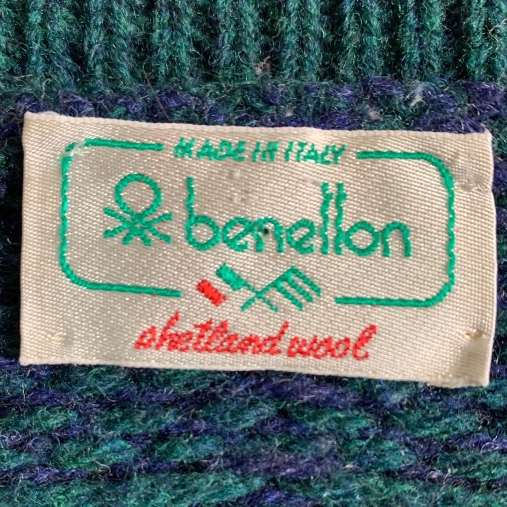 Vintage Benetton Shetland Wool Plaid Sweater Green Blue Women's Medium - Picture 5 of 5